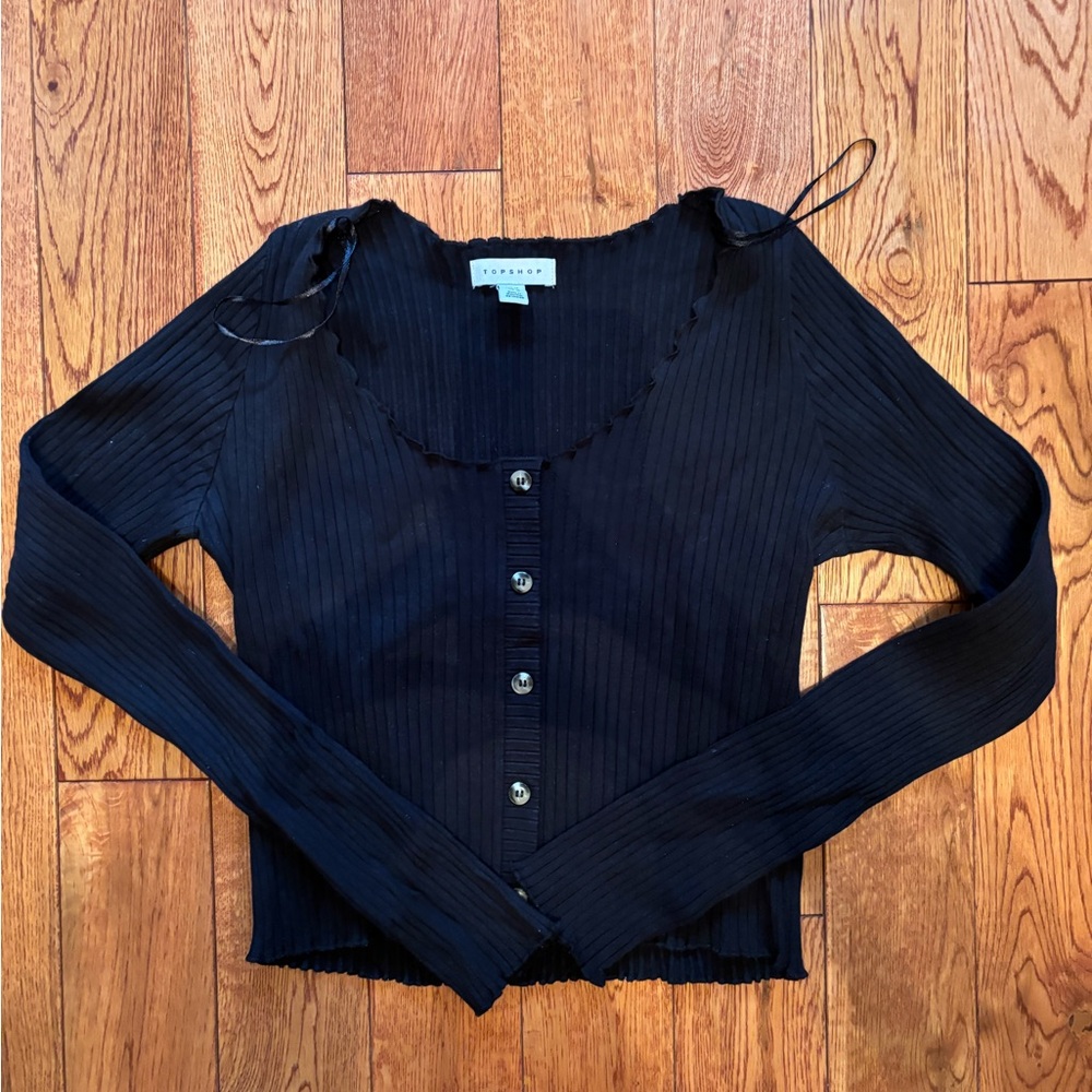 Topshop Black Ribbed Button-Up Top